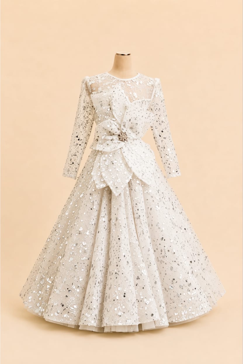 Elegant Children’s Party Gown with Full Sequins, Luxurious Motif and Bow Detail |By Lunaria Couture