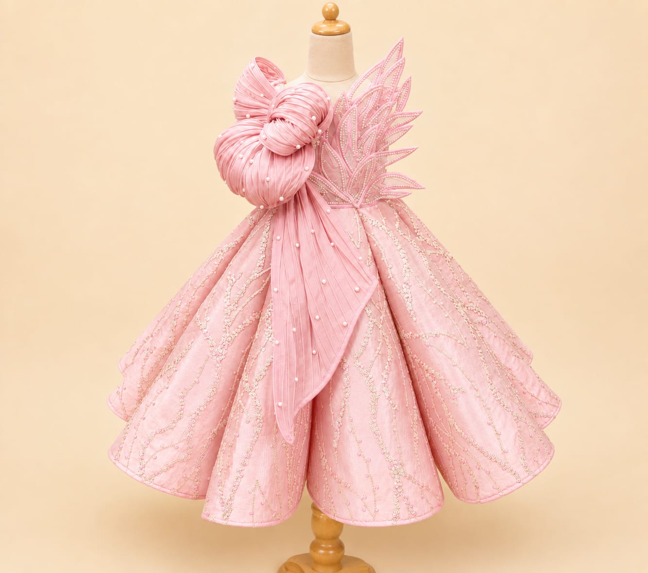 Luxury Girls’ Party Dress with Jumbo Bow and 3D Leaf Accent