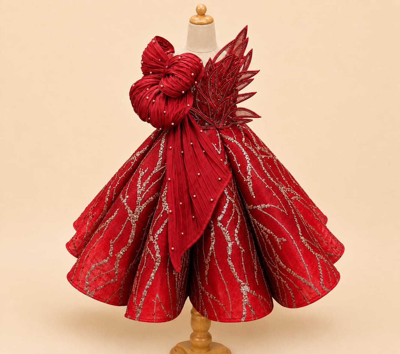 Luxury Girls’ Party Dress with Jumbo Bow and 3D Leaf Accent
