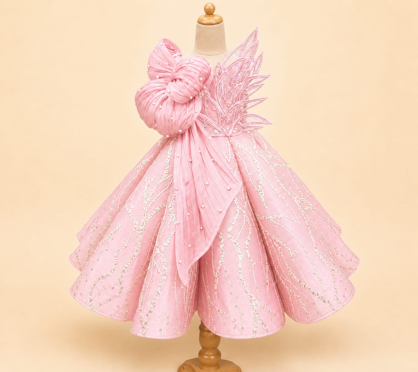 Luxury Girls’ Party Dress with Jumbo Bow and 3D Leaf Accent