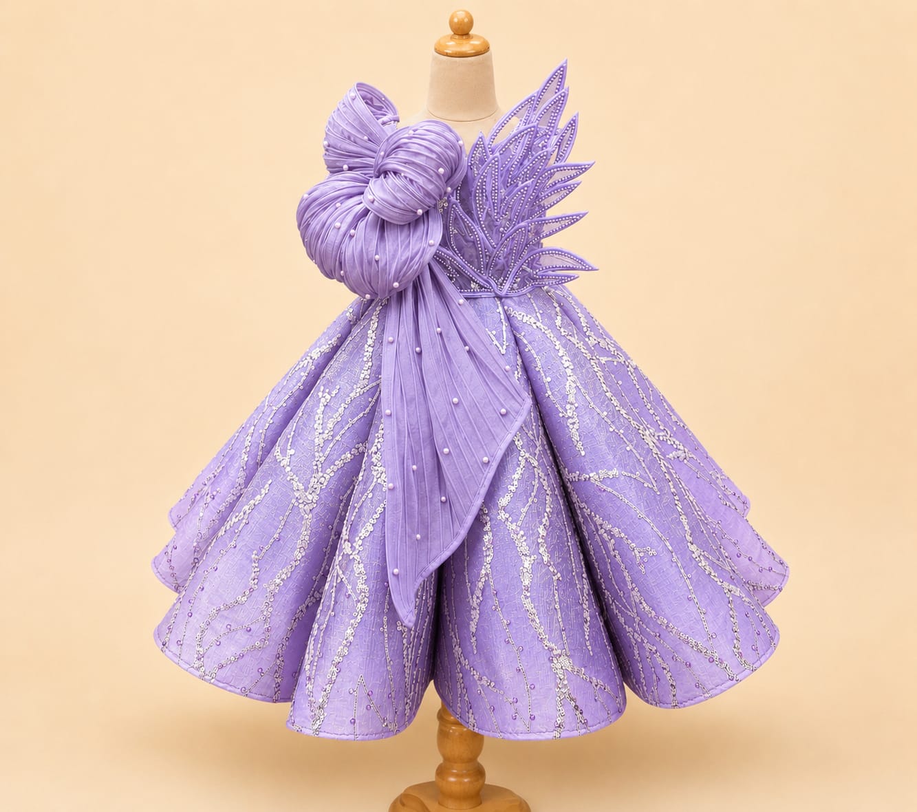 Luxury Girls’ Party Dress with Jumbo Bow and 3D Leaf Accent