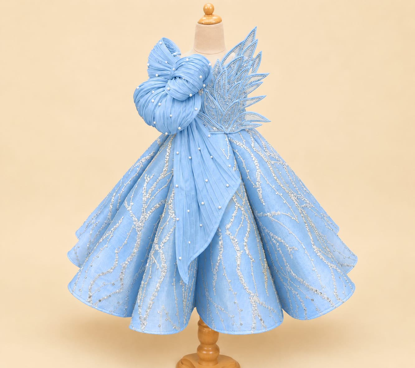 Luxury Girls’ Party Dress with Jumbo Bow and 3D Leaf Accent