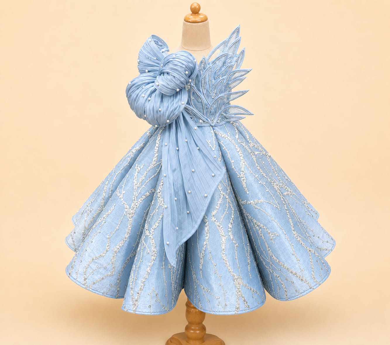 Luxury Girls’ Party Dress with Jumbo Bow and 3D Leaf Accent