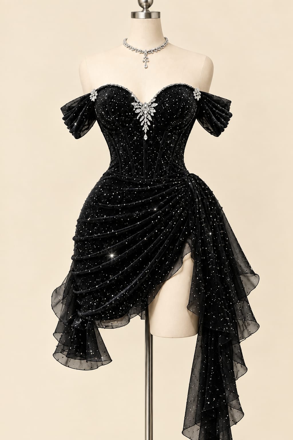 Luxury Sequin Draped Evening Gown with Corset Detail