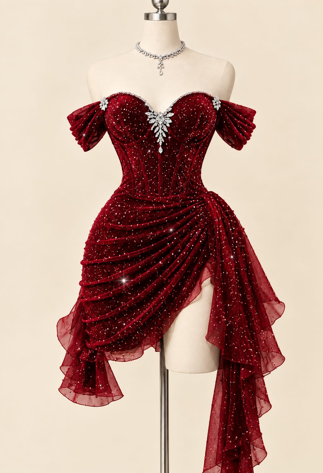 Luxury Sequin Draped Evening Gown with Corset Detail