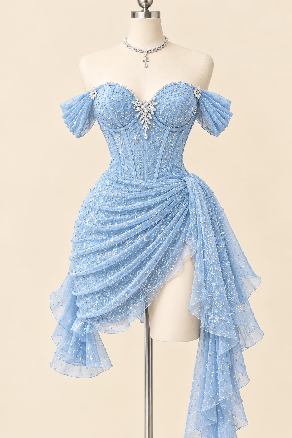 Luxury Sequin Draped Evening Gown with Corset Detail
