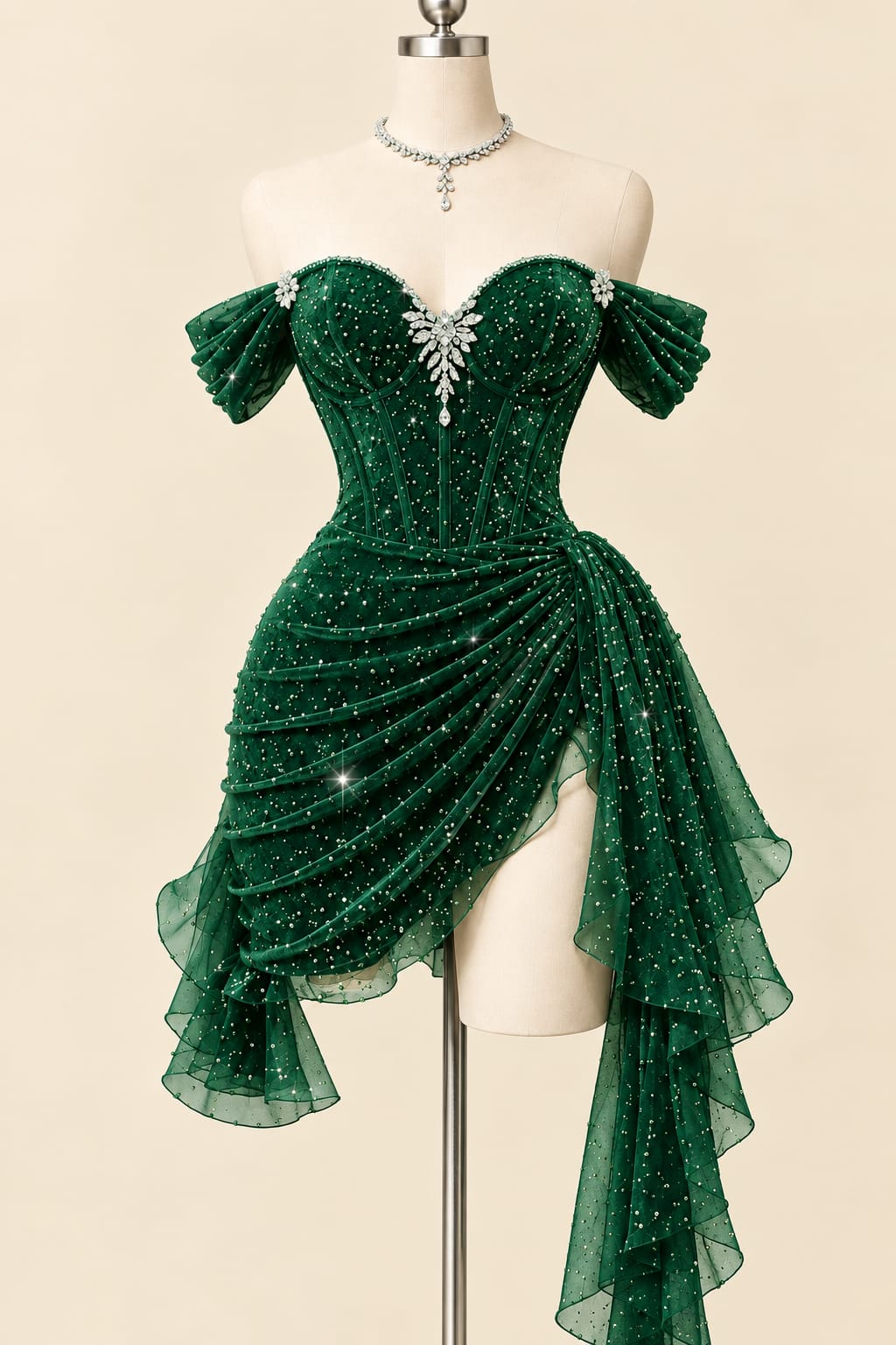 Luxury Sequin Draped Evening Gown with Corset Detail