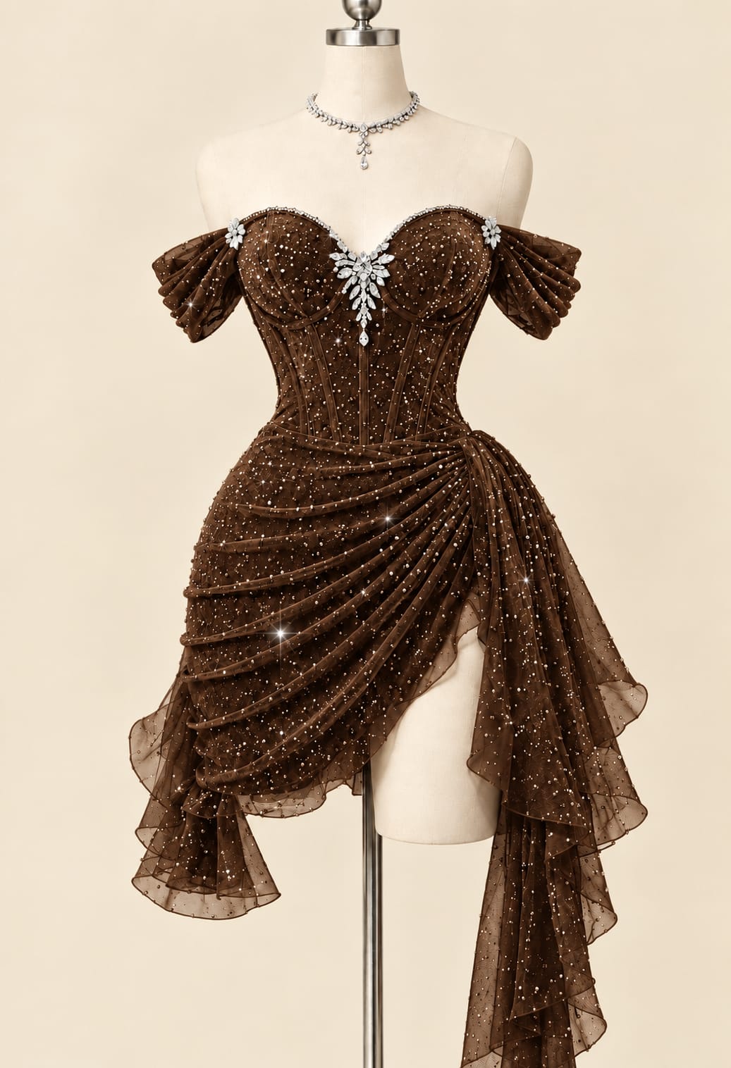 Luxury Sequin Draped Evening Gown with Corset Detail