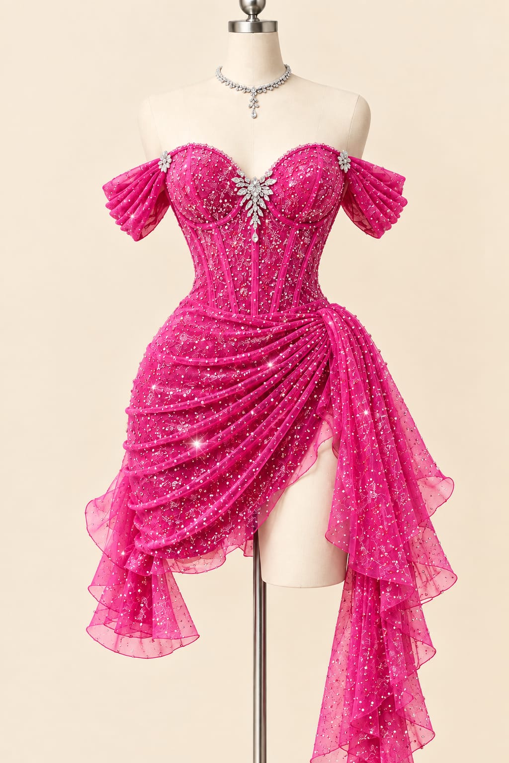 Luxury Sequin Draped Evening Gown with Corset Detail