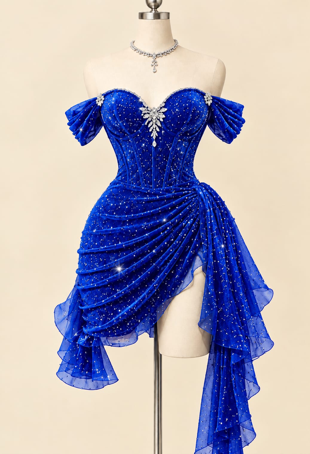 Luxury Sequin Draped Evening Gown with Corset Detail