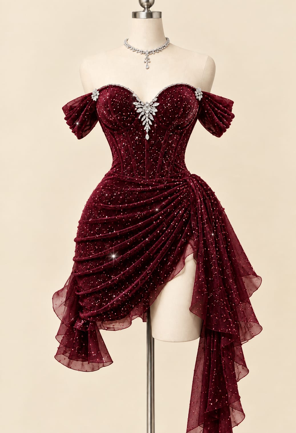 Luxury Sequin Draped Evening Gown with Corset Detail