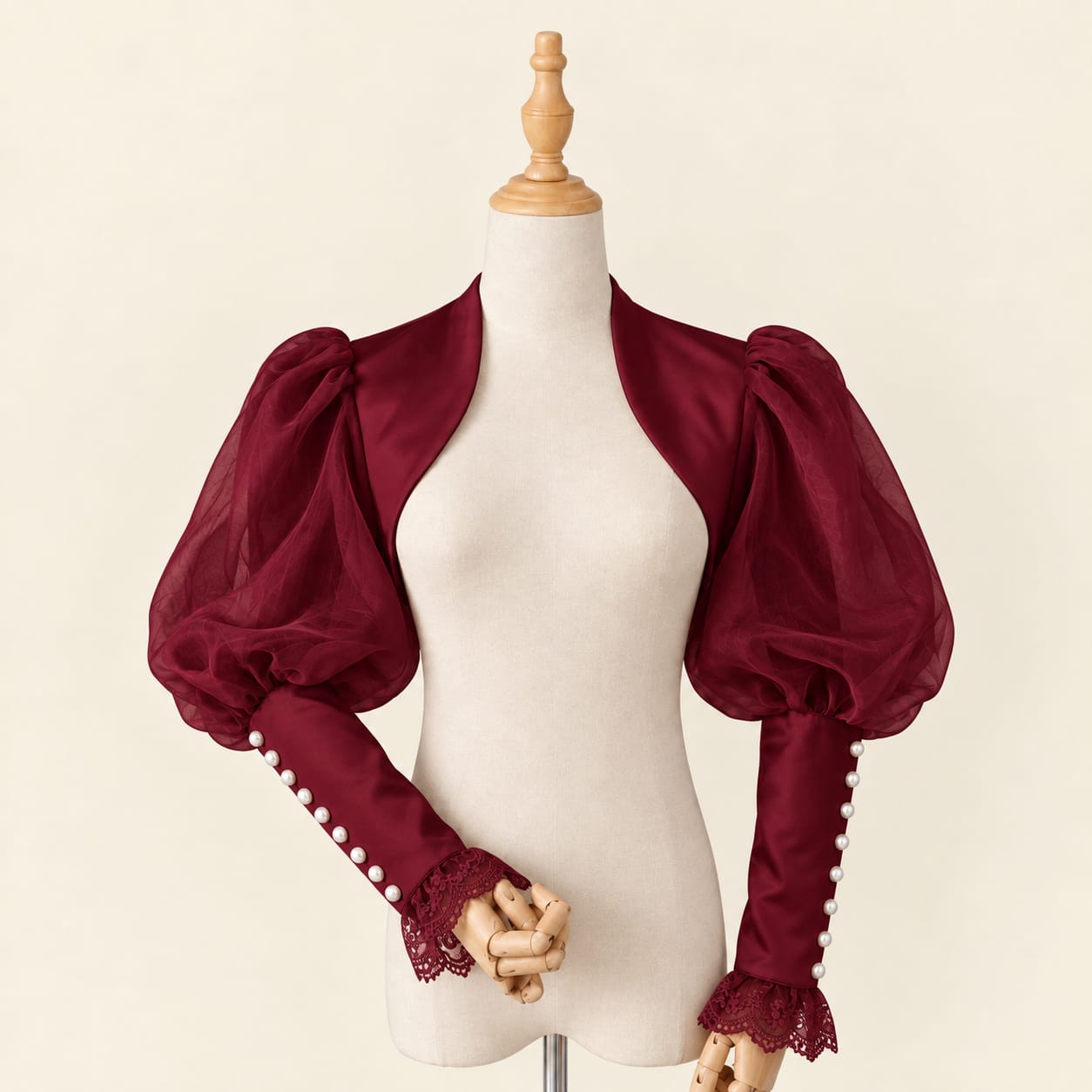 Balloon Sleeve Bolero with Pearl and Lace Details