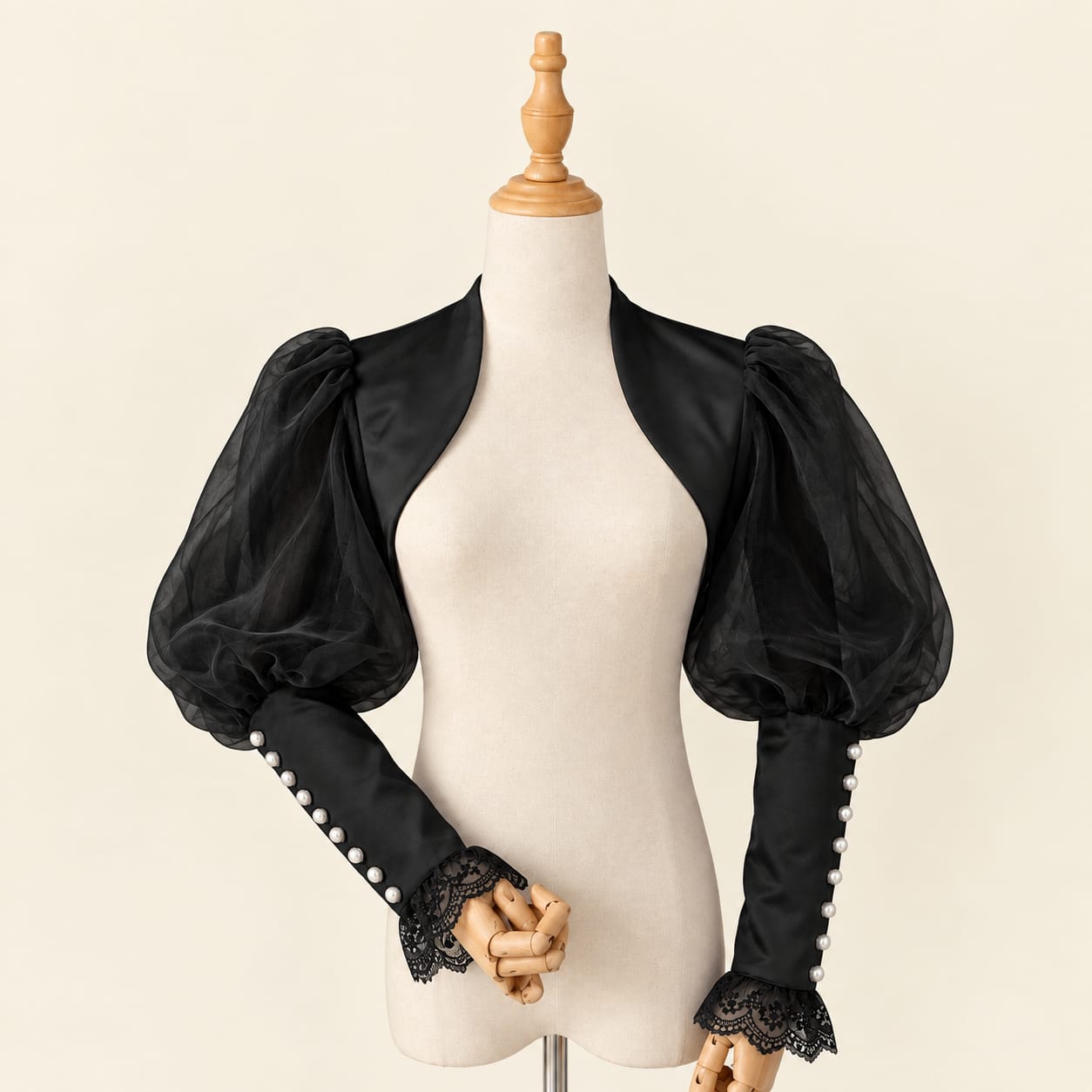 Balloon Sleeve Bolero with Pearl and Lace Details