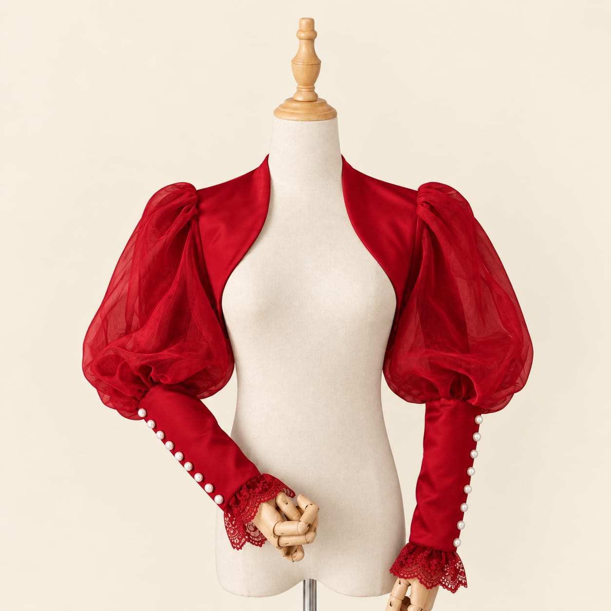 Balloon Sleeve Bolero with Pearl and Lace Details