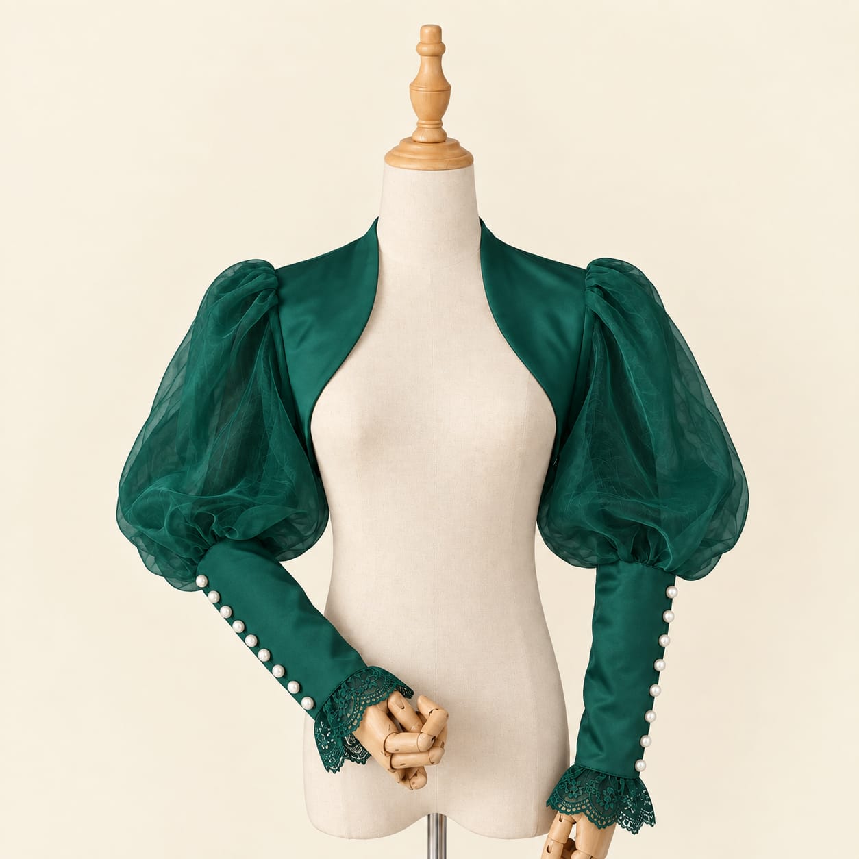 Balloon Sleeve Bolero with Pearl and Lace Details