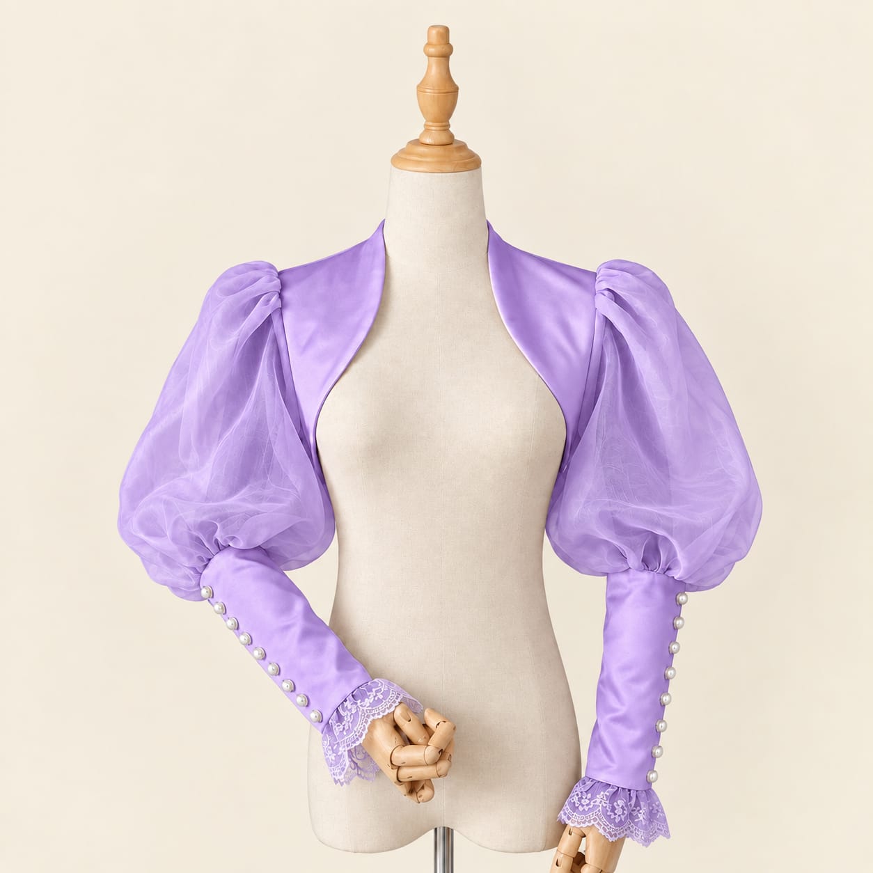 Balloon Sleeve Bolero with Pearl and Lace Details