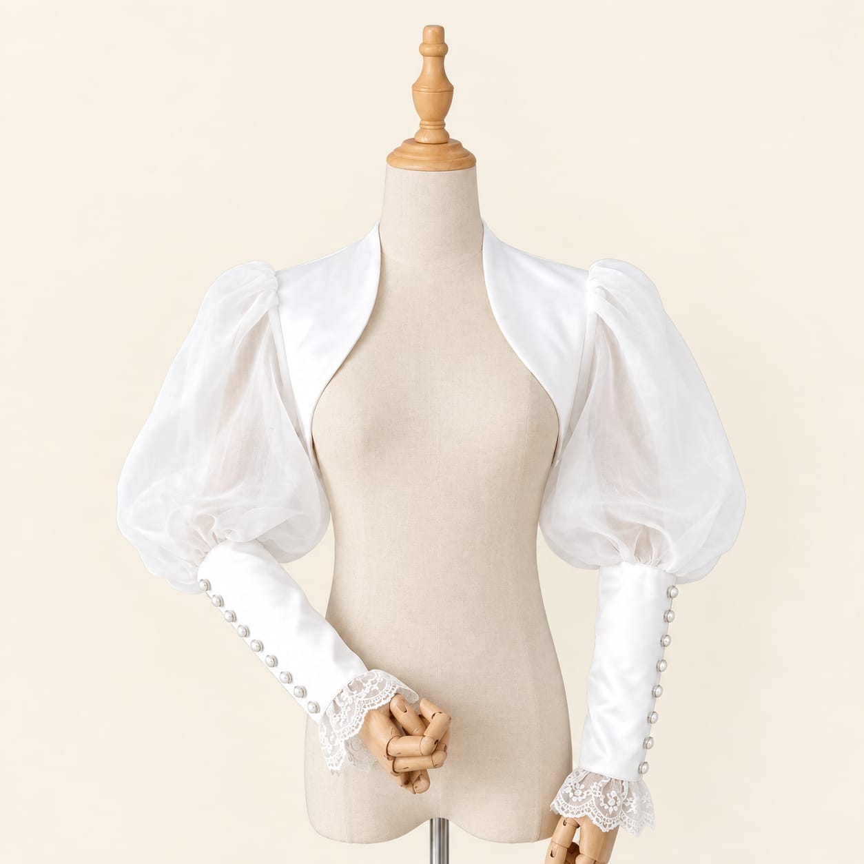 Balloon Sleeve Bolero with Pearl and Lace Details