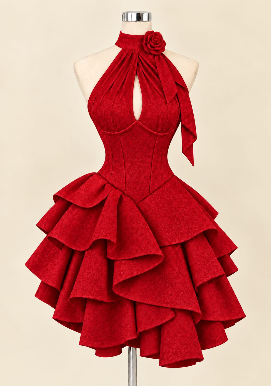 Elegant Tiered Evening Gown with Floral Detail