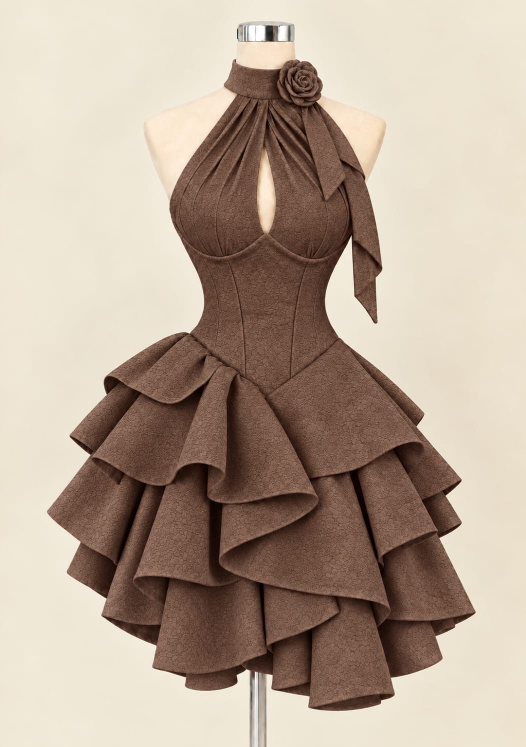 Elegant Tiered Evening Gown with Floral Detail
