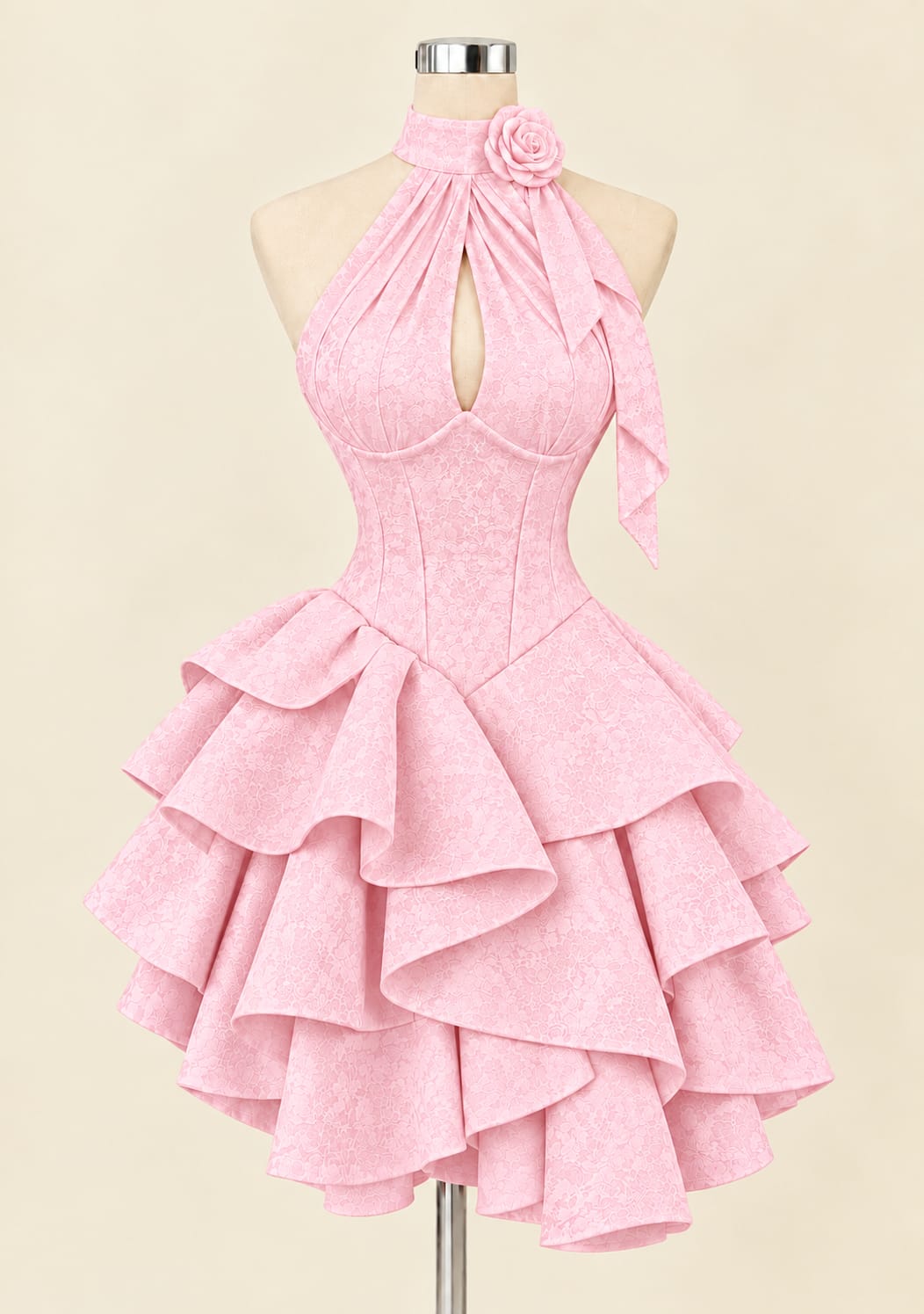 Elegant Tiered Evening Gown with Floral Detail