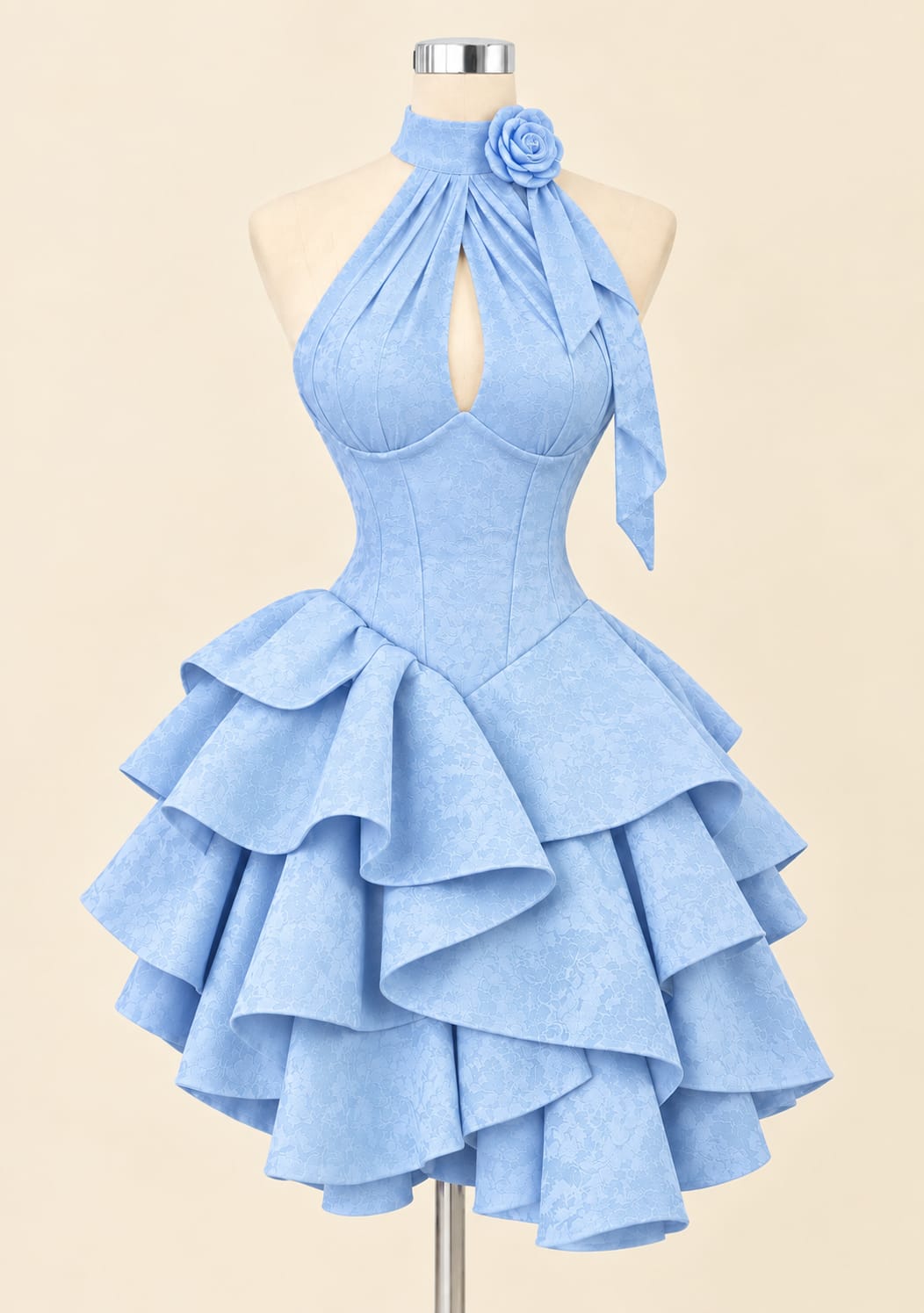 Elegant Tiered Evening Gown with Floral Detail