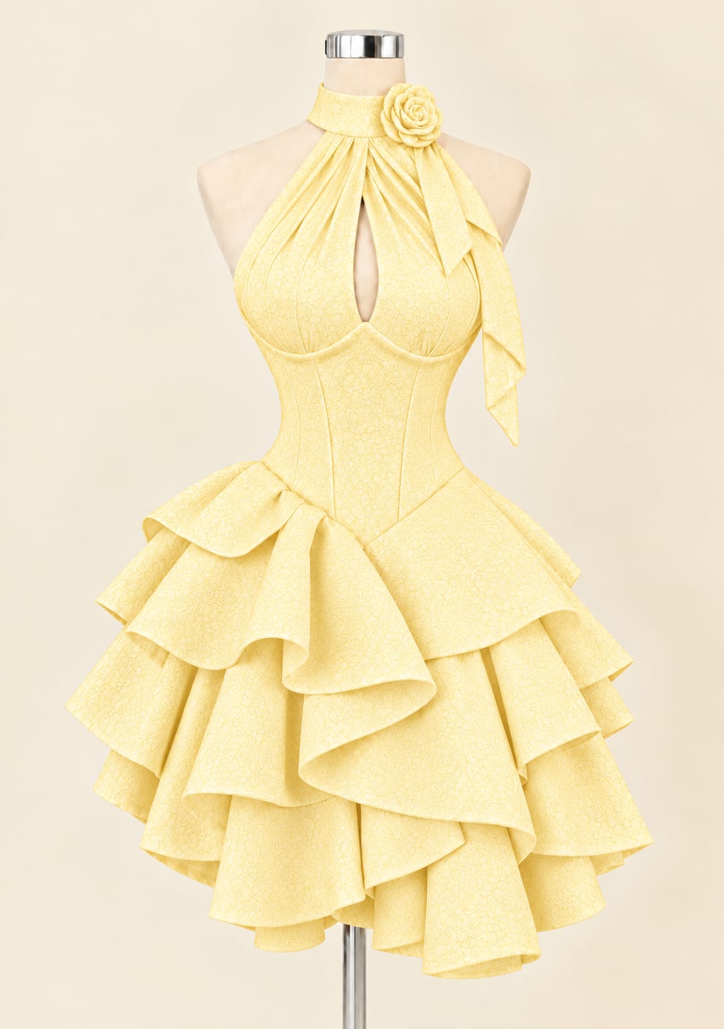 Elegant Tiered Evening Gown with Floral Detail