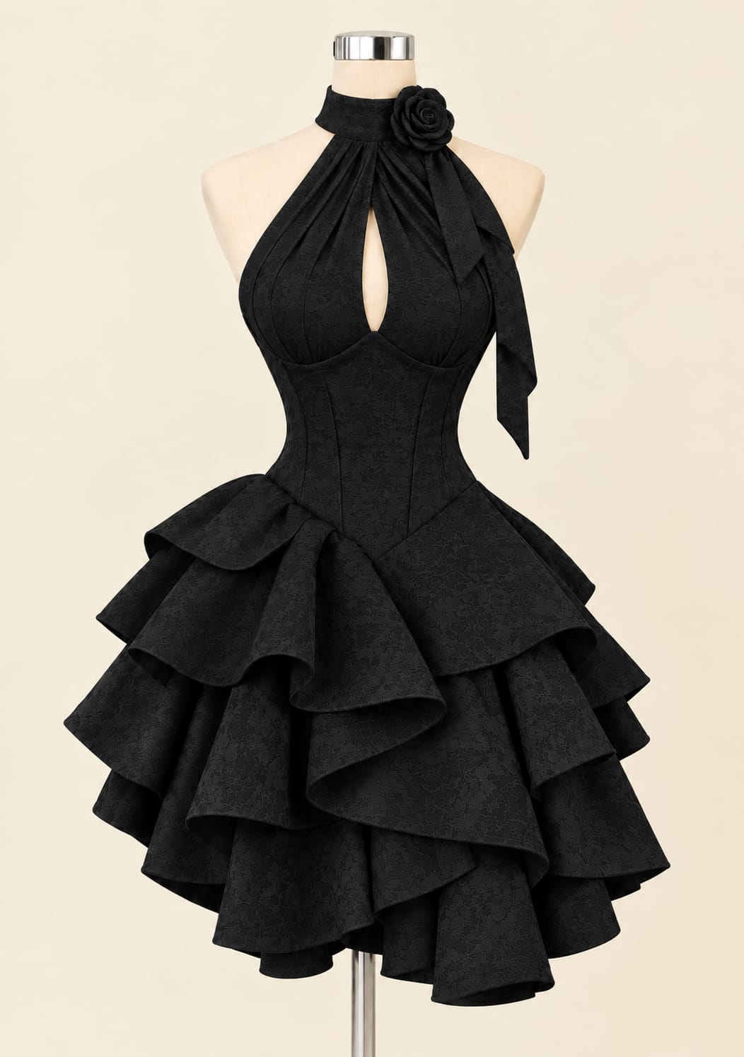 Elegant Tiered Evening Gown with Floral Detail