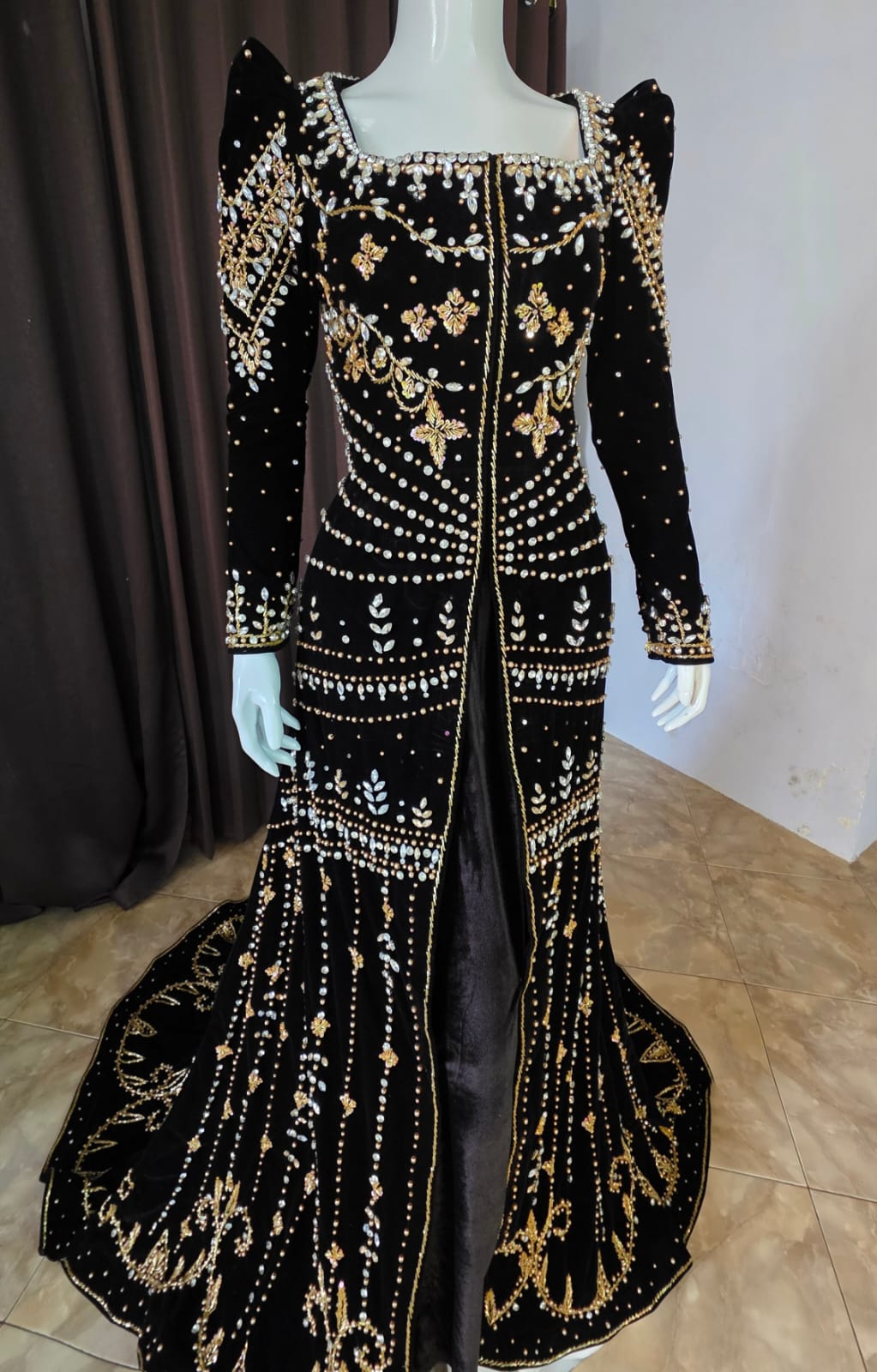 Luxury Long-Train Wedding Gown with Embroidery and Sequin Details