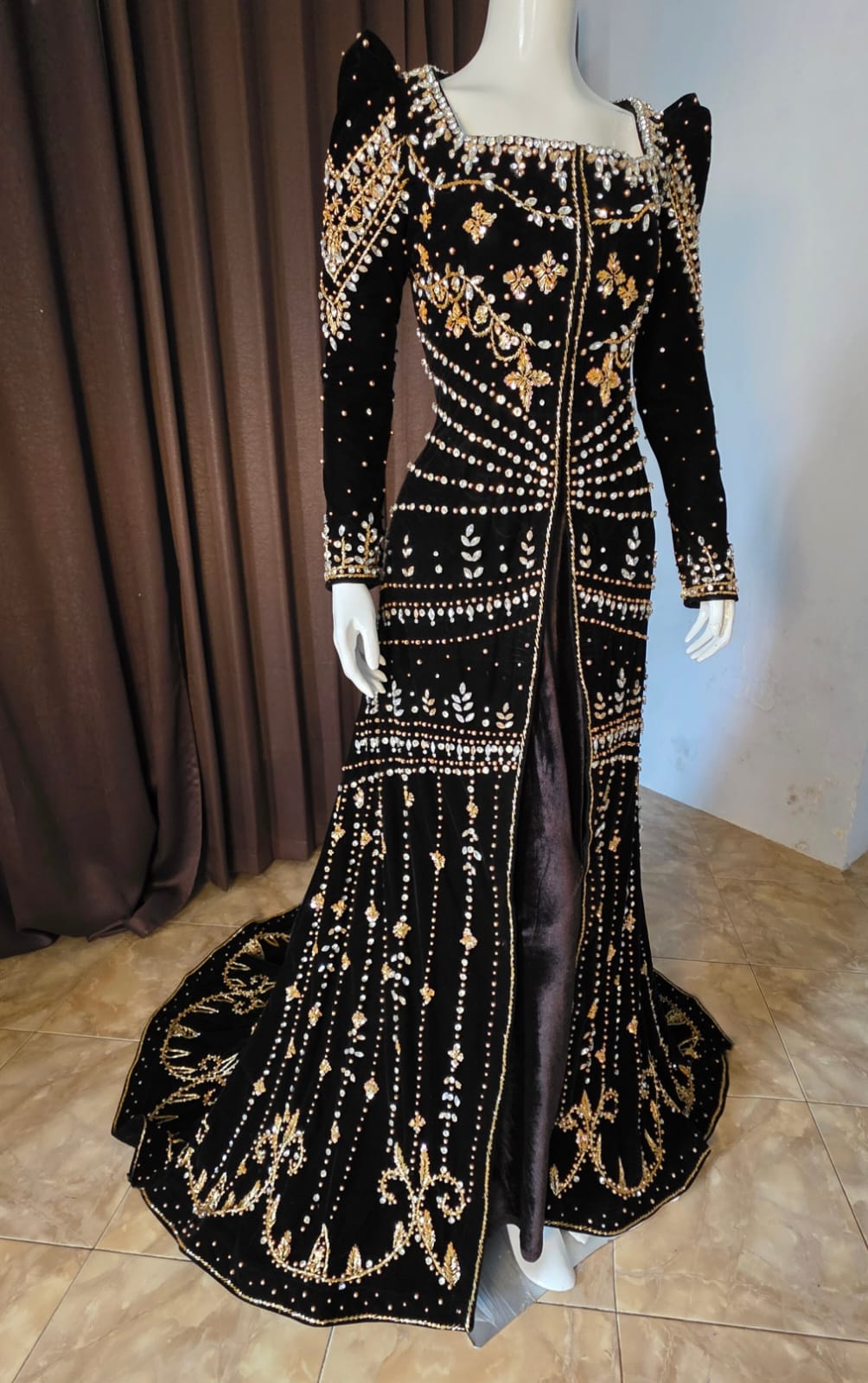 Luxury Long-Train Wedding Gown with Embroidery and Sequin Details