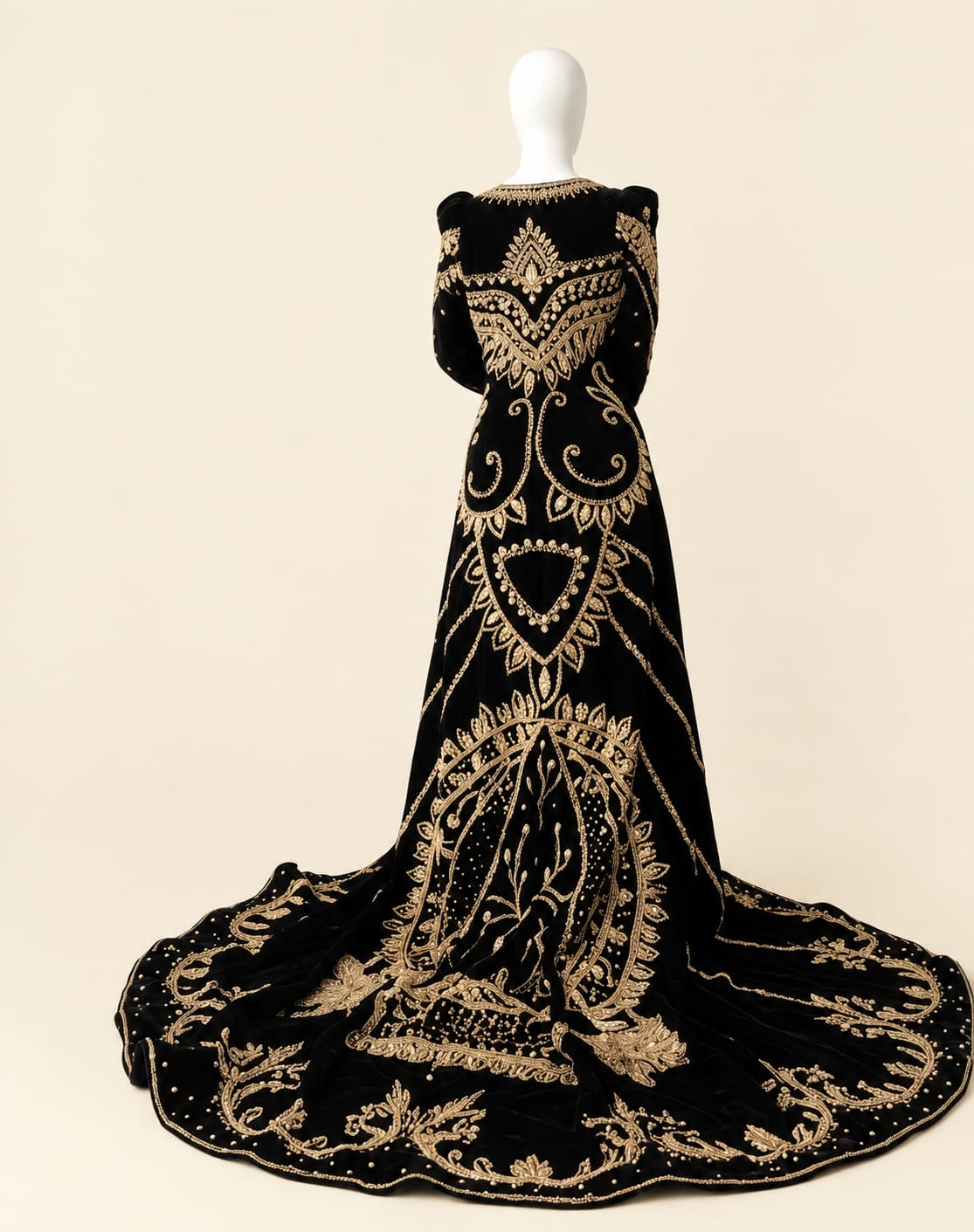 Luxury Long-Train Wedding Gown with Embroidery and Sequin Details