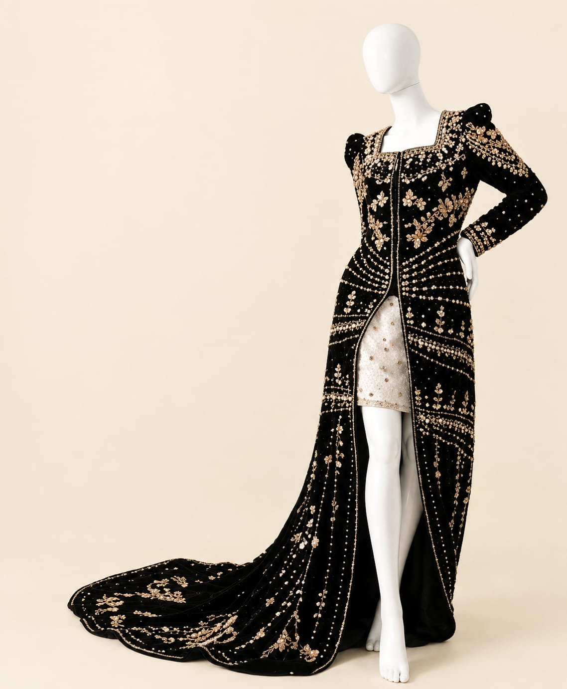 Luxury Long-Train Wedding Gown with Embroidery and Sequin Details