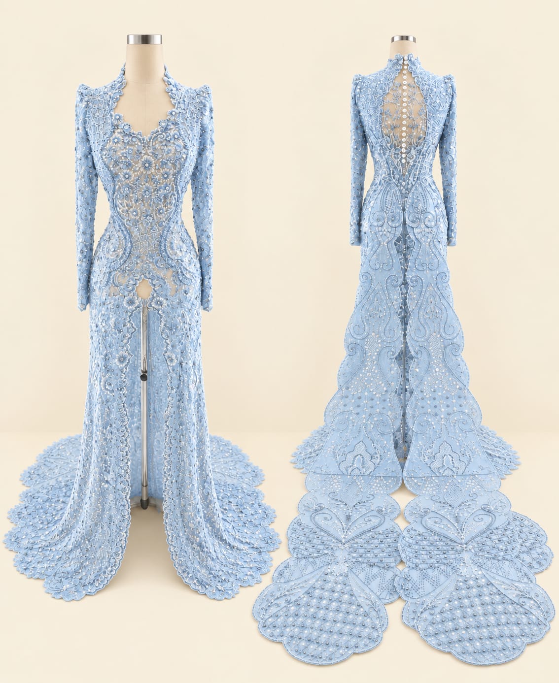 Luxury Women's Kebaya with Long Train, Full Sequins and Elegant Embroidery