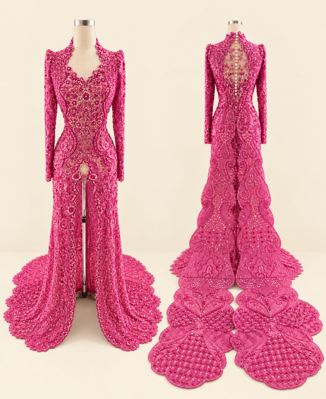 Luxury Women's Kebaya with Long Train, Full Sequins and Elegant Embroidery