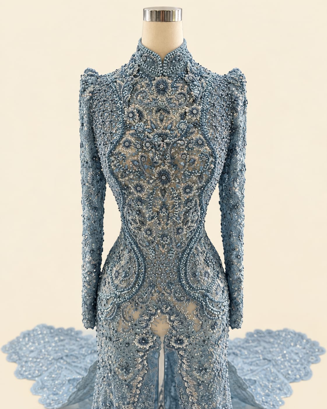 Luxury Women's Kebaya with Long Train, Full Sequins and Elegant Embroidery