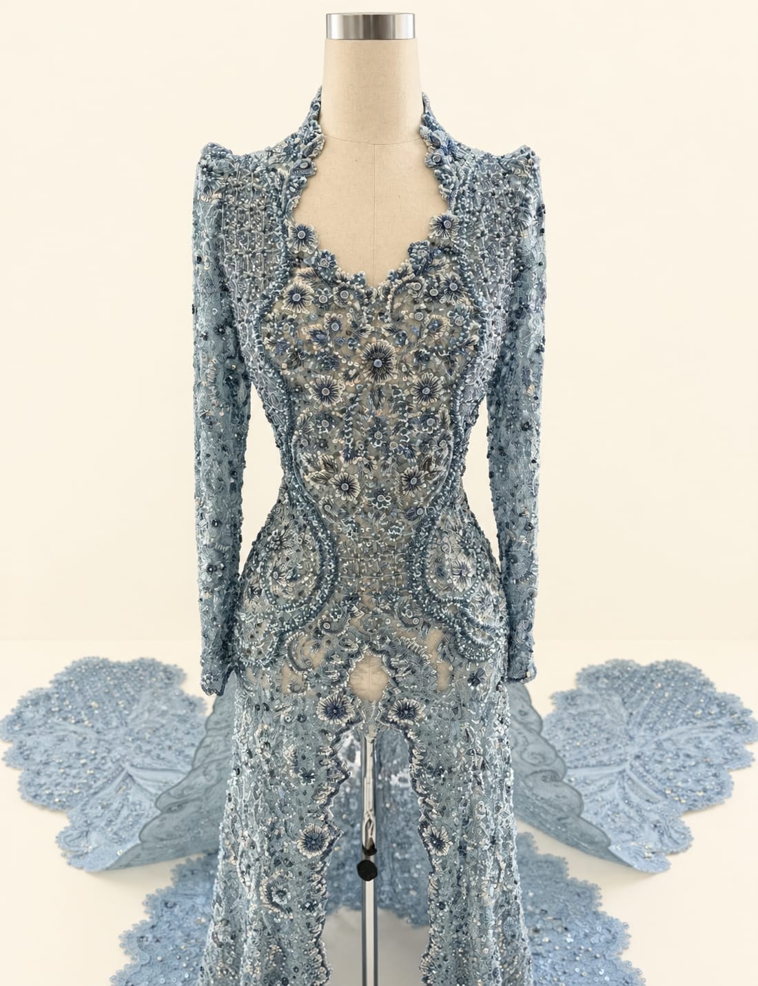 Luxury Women's Kebaya with Long Train, Full Sequins and Elegant Embroidery