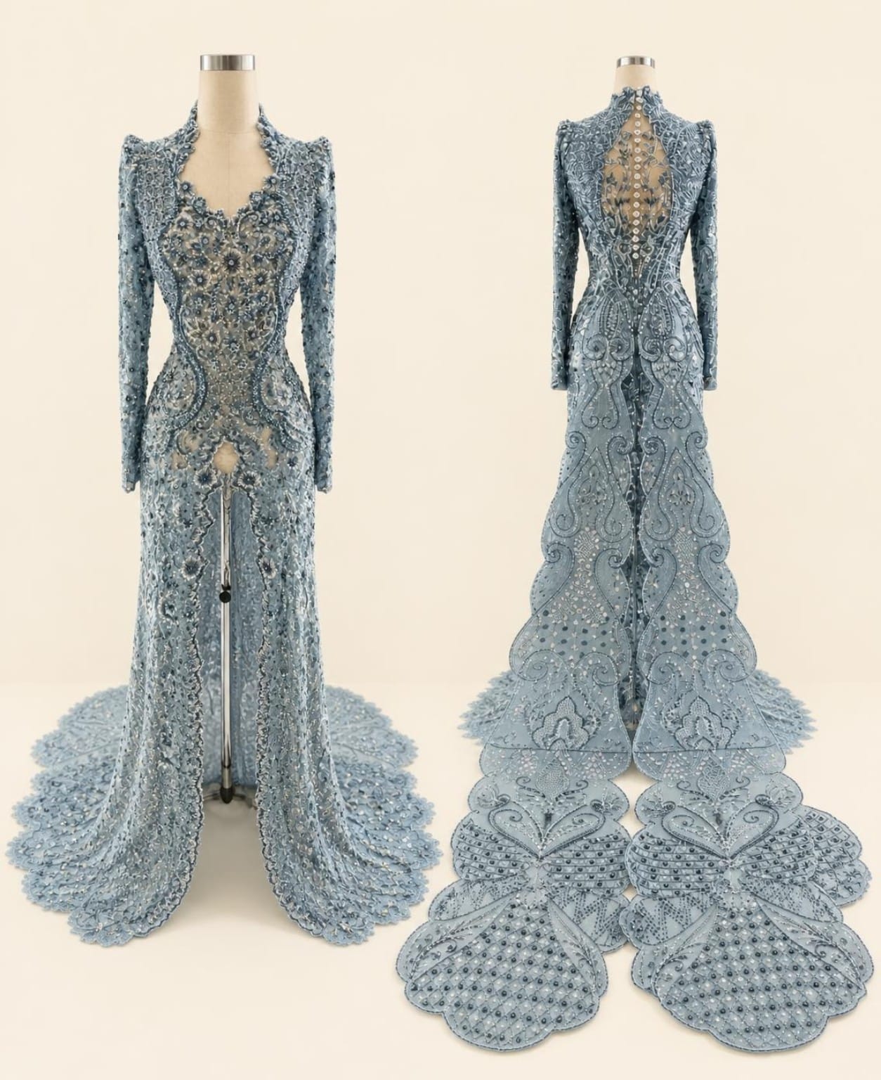 Luxury Women's Kebaya with Long Train, Full Sequins and Elegant Embroidery