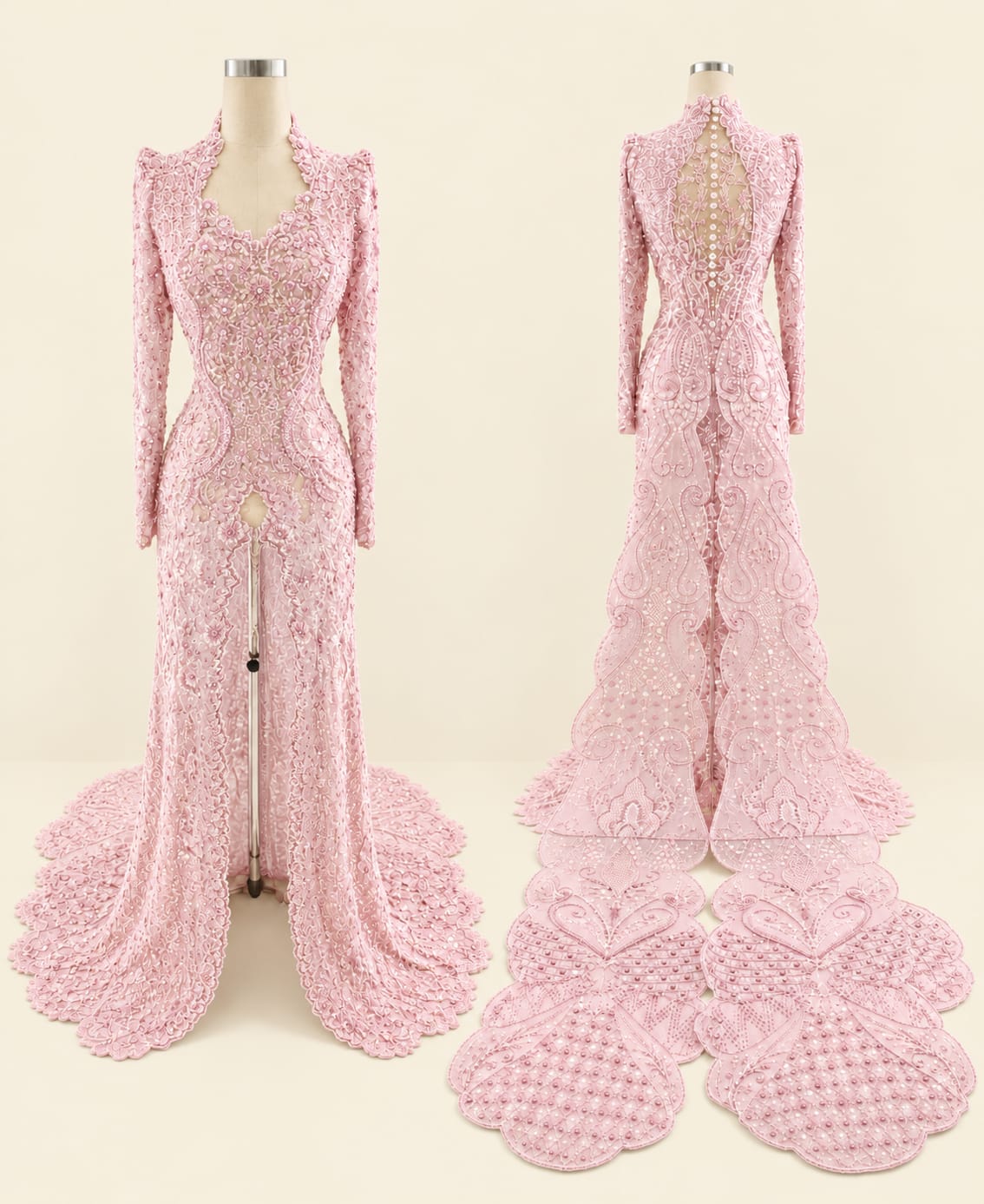 Luxury Women's Kebaya with Long Train, Full Sequins and Elegant Embroidery